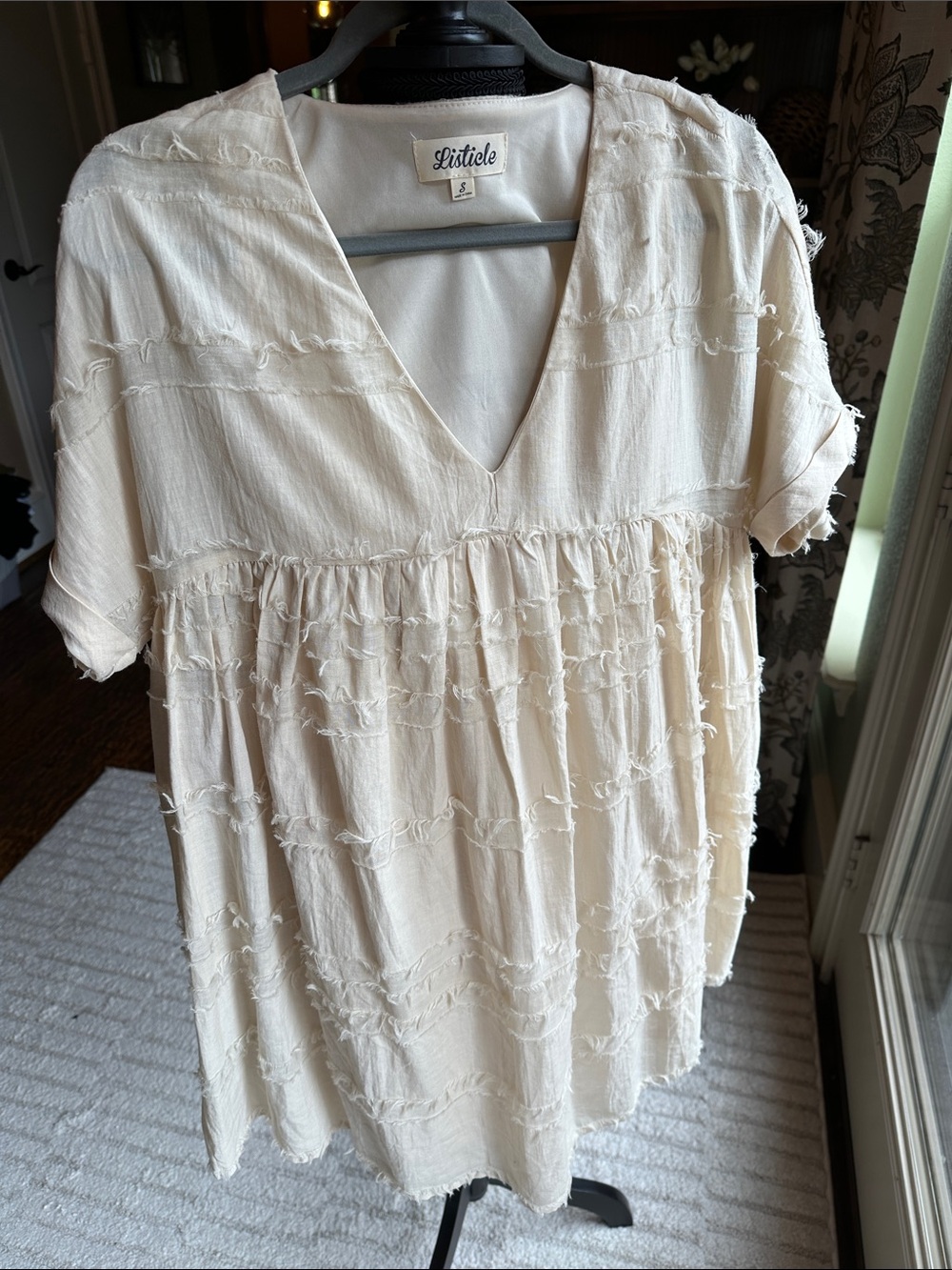 Listicle Cream V-Neck Short Sleeve Textured Babydoll Dress